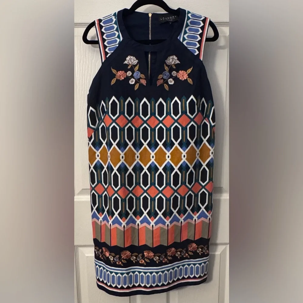 laundry by shelli segal embroidered dress Laundry By Shelli Segal Navy Geometric‎ and Embroidered Flower Dress